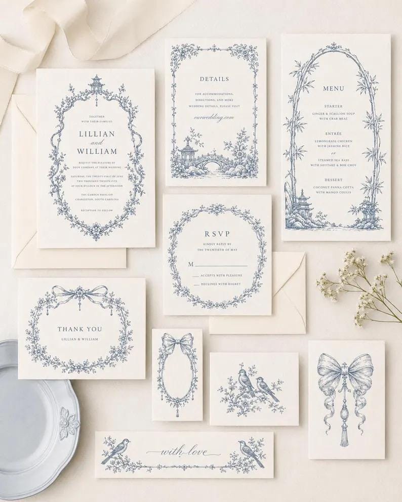Pu&ograve; includere: Un set di cancelleria per matrimoni su carta color bianco sporco con illustrazioni a inchiostro blu di pagode, bamb&ugrave; e fiocchi. Il set include un invito, una scheda dei dettagli, un menu, una scheda RSVP, un biglietto di ringraziamento.