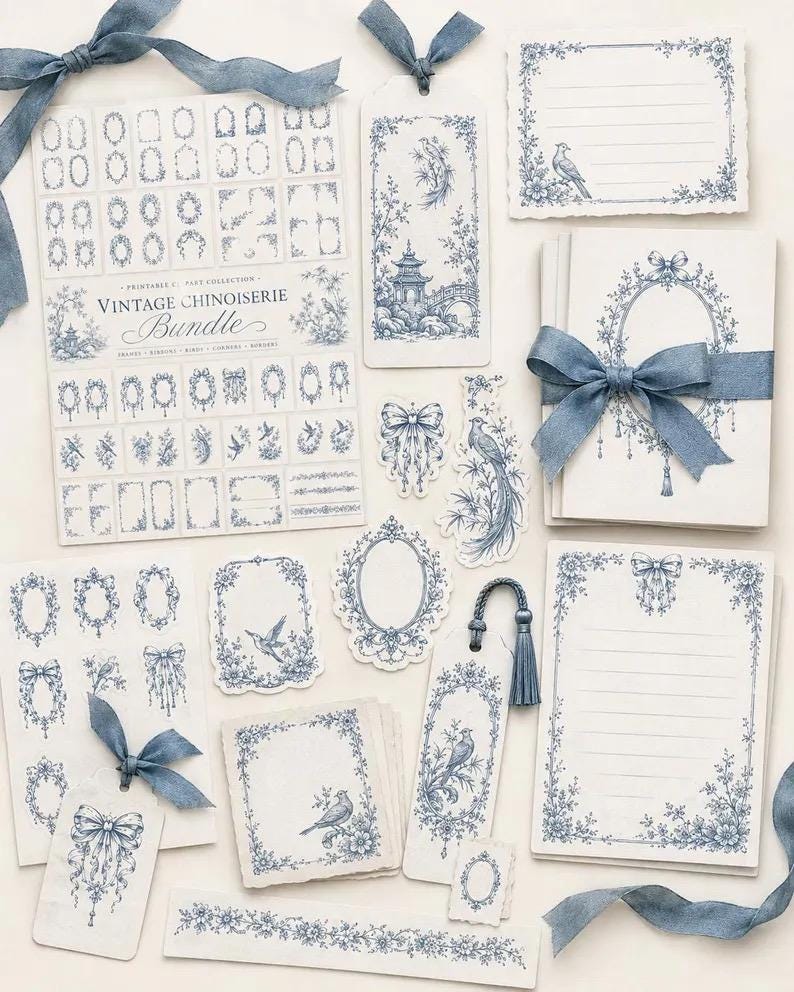 Pu&ograve; includere: Un set di cancelleria con illustrazioni a inchiostro blu raffiguranti uccelli, pagode e cornici floreali su carta color bianco sporco. Il set include etichette con nastri blu, biglietti a righe e fogli di adesivi con la scritta Vintage Chinoiserie Bundle.