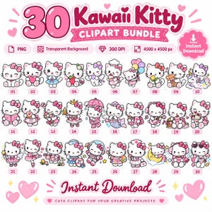 Puede incluir: Una colección digital titulada 30 Kawaii Kitty Clipart Bundle que presenta treinta ilustraciones de gatos blancos con lazos rosas en diversos atuendos y actividades, incluyendo formato PNG, 300 DPI y dimensiones de 4500 x 4500 px.