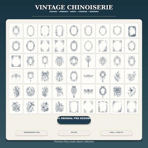 Pu&ograve; includere: Una collezione di 64 elementi di design digitale in stile chinoiserie vintage, inclusi cornici, nastri, uccelli, angoli e bordi in uno stile a linee blu. Il set presenta intricati motivi botanici e aviari in file PNG trasparenti.