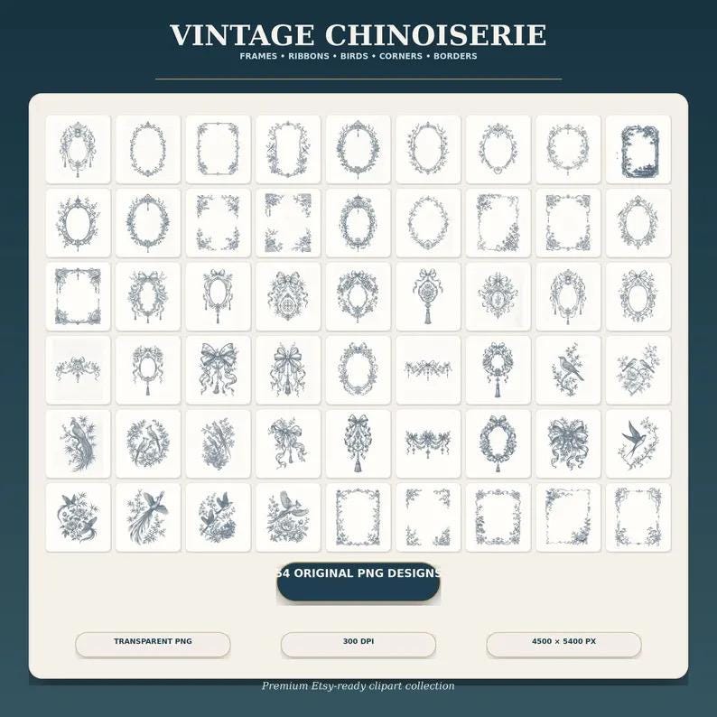 Pu&ograve; includere: Una collezione di 64 elementi di design digitale in stile chinoiserie vintage, inclusi cornici, nastri, uccelli, angoli e bordi in uno stile a linee blu. Il set presenta intricati motivi botanici e aviari in file PNG trasparenti.