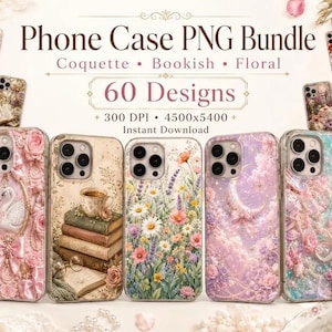 Coquette Bookish Blommigt Mobilskal PNG-paket (60 Designs) (Digital Nedladdning)