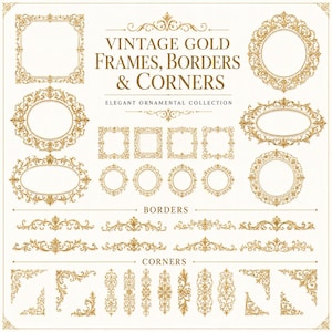 Peut inclure: Une collection de cadres, bordures et coins ornementaux de couleur dorée avec des motifs de volutes complexes. Le texte VINTAGE GOLD FRAMES, BORDERS & CORNERS ELEGANT ORNAMENTAL COLLECTION est imprimé au centre de la feuille graphique.