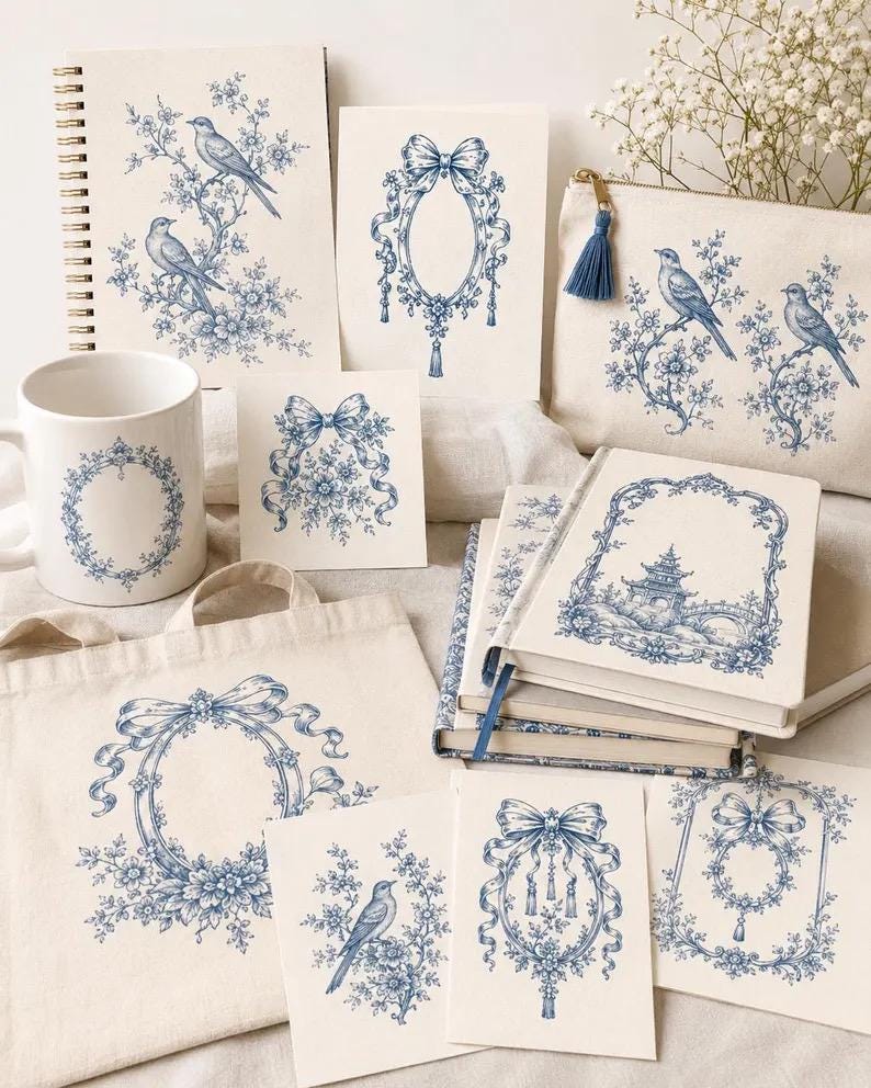Pu&ograve; includere: Una collezione di articoli di cancelleria e accessori color bianco sporco con illustrazioni a inchiostro blu di uccelli, ghirlande floreali, fiocchi e una pagoda. Il set include un quaderno a spirale, una tazza, una borsa e varie carte.