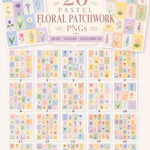 Padrões de patchwork floral em tons pastel, 20 papéis digitais com flores em aquarela, designs xadrez estilo cottagecore.