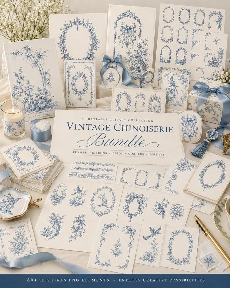 Pu&ograve; includere: Una collezione di elementi cartacei stampabili con disegni Chinoiserie blu e bianchi, inclusi cornici, nastri, uccelli, angoli e bordi. Il cartello centrale recita: PRINTABLE CLIPART COLLECTION VINTAGE CHINOISERIE Bundle FRAMES RIBBONS BIRDS CORNERS BORDERS.