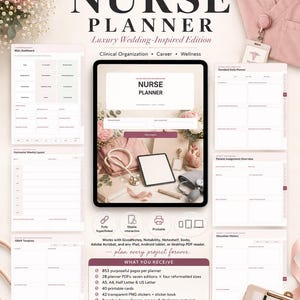 May include: A digital nurse planner featuring a central tablet display with the text Nurse Planner Luxury Wedding-Inspired Edition. Surrounding the tablet are various planner page templates including a main dashboard, daily planner, and patient assignment overview. The layout includes icons for hyperlinked, fillable, and printable features, along with a list of contents like 853 pages, 28 PDFs, and 40 printable cards.
