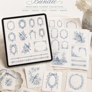 Pu&ograve; includere: Un tablet digitale e fogli stampati che mostrano un pacchetto Vintage Chinoiserie di clipart stampabili. La collezione presenta illustrazioni a inchiostro blu di cornici ornate, nastri, uccelli, angoli e bordi su sfondi di carta bianca.