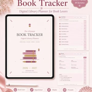May include: A digital library planner titled Ultimate Book Tracker 2026-2027 displayed on a tablet screen. The interface features a stack of books, a pen, and navigation menus with 18 sections. Includes icons for dashboard, book log, reviews, and bookshelves.