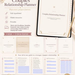 May include: A digital Couples Relationship Planner displayed on a tablet screen, featuring a guided workbook for love and communication. The planner includes fillable interactive pages, hyperlinked tabs, and various templates like date night ideas, goal dashboards, and expense trackers in US Letter, A4, and A5 sizes.