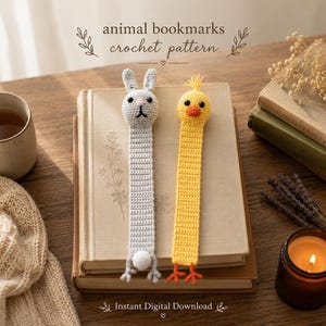 May include: Two crochet animal bookmarks featuring a grey rabbit with a white tail and a yellow chick with orange feet. The text "animal bookmarks crochet pattern" and "Instant Digital Download" is visible at the top and bottom of the image.