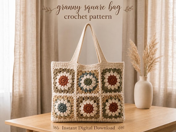 Granny Square Bag Pattern PDF, Boho Crochet Bag, Easy Granny Square Purse, Retro Shoulder Bag, Crochet Market Bag, Tote Bag Crochet DIY