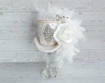 White Bridal Mini Top Hat, Rhinestone Wedding Fascinator, Feather Floral Accessory