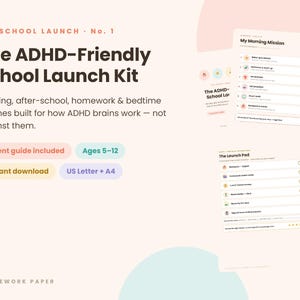 Puede incluir: El kit de inicio escolar ADHD-Friendly, n.º 1, es un planificador de rutinas digital. Incluye una lista de verificación My Morning Mission y The Launch Pad para niños. Cuenta con guía para padres, descarga instantánea y formato A4.