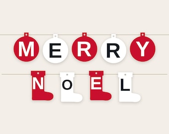 Christmas Letter Banner SVG Bundle Red and White | Tree Ornament Stocking Bell Mitten Pennants, 9 Shapes, Cricut Silhouette