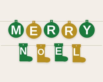 Christmas Letter Banner SVG Bundle Green and Gold | Tree Ornament Stocking Bell Mitten Pennants, 9 Shapes, Cricut Silhouette