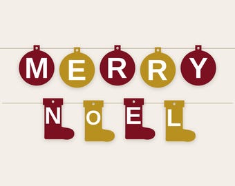 Christmas Letter Banner SVG Bundle Burgundy and Gold | Tree Ornament Stocking Bell Mitten Pennants, 9 Shapes, Cricut Silhouette