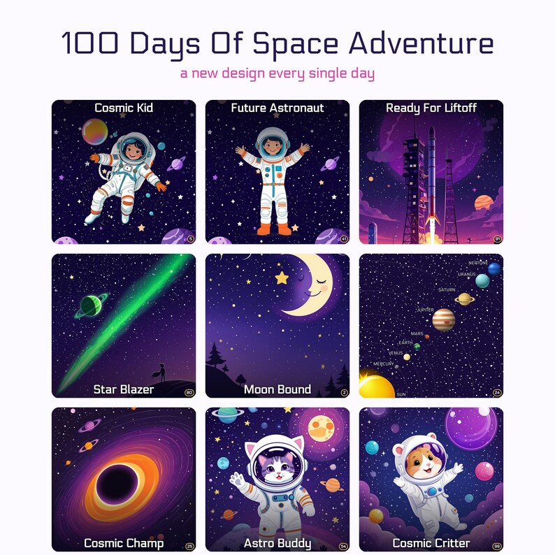 Tarjetas de la aventura espacial: 100 días de clases / Cricut Silhouette PNG PDF / Descarga digital imprimible imagen 2