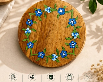 Hand-Painted Acacia Wood Coaster with Floral Design, Food-Safe Resin Finish (4 inches)