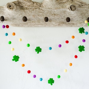 Customizable Rainbow Felt Ball & Wool Shamrock Garland - 4 Leaf Clover Bunting - Lucky Irish Spring Banner - Fun St Patrick's Day Wall Decor