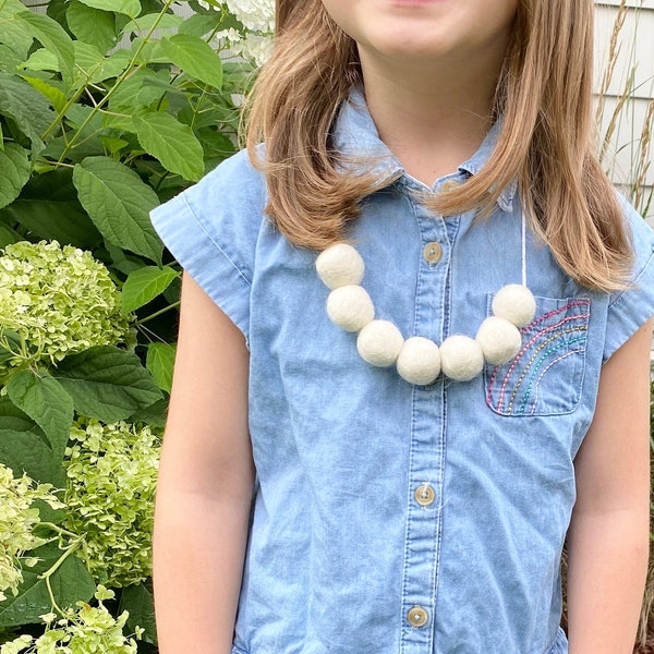 Customizable Felt Ball White Necklace - Children's Felted Beads - Kids Christmas Jewelry - Fun Girls Holiday Dress Up - Choose Your Colors