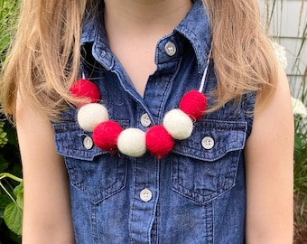 Customizable Felt Ball Red & White Necklace - Children's Christmas Felted Beads - Kids Jewelry - Valentine's Day Dress Up - Customize Colors