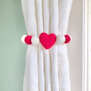Custom Heart Curtain Tie Back - Felt Ball Drapery Tie - Red White Nursery Decor - Crimson Heart Theme Kid Room Interiors - Drapery Pull Back