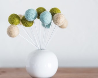 Baby Blue, Olive, Cream Felt Ball Bouquet - Custom Floral Stems in White or Green - Colorful Faux Craspedia - Fake Flowers for tiered trays