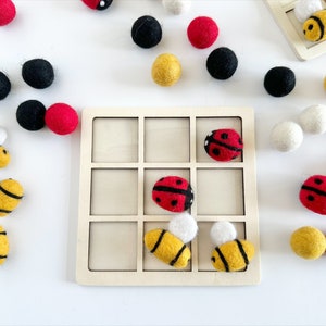 Spring Tic Tac Toe Set - Bumble Bee & Lady Bug Easter Basket Gift - Cute Wool Bugs or Felt Ball Pieces - Wooden Board Game for Kid Present