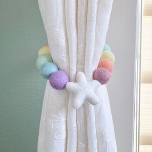 Customizable Pastel Rainbow Curtain Tie Backs - Felt Ball Curtain Ties - Rainbow Baby Nursery Decor - Pastel Star Drapery Pull - Soft Tones