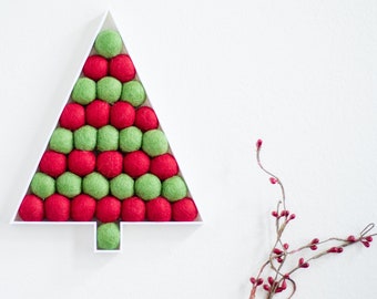 Customizable Red and Green Striped Pom Christmas Tree - 3 Sizes Custom Felt Ball Holiday Tree Decoration - Xmas Mantel Hanging/Shelf Sitter