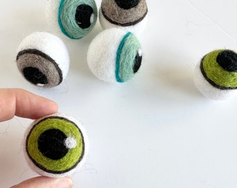 Wool Felt Eye Ball Cat Toys - Creepy Green, Blue or Gray Eye - Handmade Felted Spooky Halloween Gift for Kitties - Gruesome Kitten Kicker