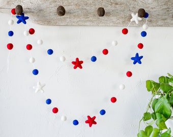 Red White and Blue Stars and Stripes Garland - Patriotic Felt Ball Star Banner - Americana USA Pride Decor - 4th of July Party Decorations