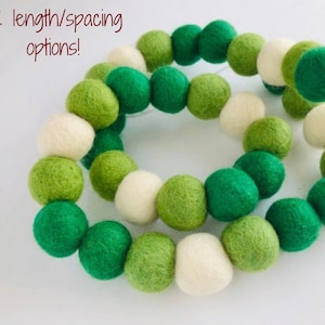 Customizable Christmas Felt Ball Garland - St Patricks Day Spring Decor - white, emerald green, lime green - Bright Holiday Pom Bunting