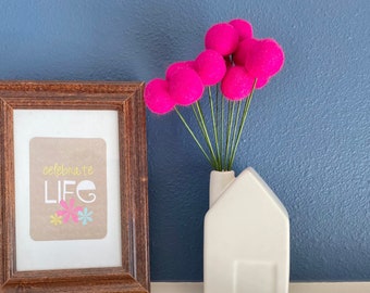 Valentines Hot Pink Felt Ball Love Bouquet - Custom Neon Pink Wool Craspedia - Faux Valentine Flowers - Tiered Tray Bouquet - 3 stem lengths