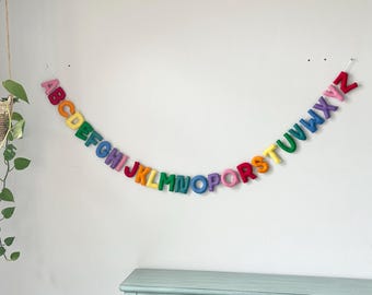 Rainbow alphabet felt banner w/ Optional felt balls - Custom ABC's bunting - Children's wall decor for playroom, bedroom, reading area