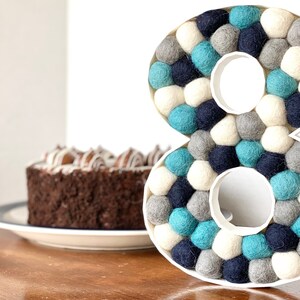 May include: A white number eight made of felt balls in shades of gray, blue, and white. The balls are arranged in a circular pattern around the number.