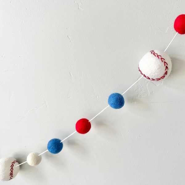 Customizable Wool Baseball Garland - Felt Base Ball Red White Blue Bunting - Spring Summer Banner - Match Pro College High School Team Color