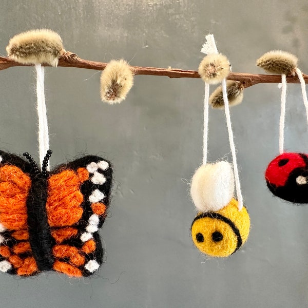 Felt Bumble Bee, Lady Bug, or Monarch Butterfly Ornament or Loose Wool Felt Honey Bees Lady Birds Butterflies for Seasonal Spring Summer Art