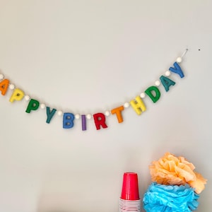 May include: A rainbow felt banner with white pom poms that reads "Happy Birthday". The banner is hanging on a light gray wall. There is a blue dresser with white drawers and a stack of red cups on top of it.
