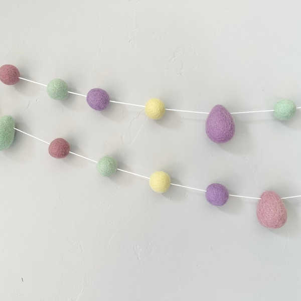 Customizable Easter Egg Garland - Pastel Felt Ball Mantel Banner - Spring Bunting for Party Decor - Wool Felted Eggs & Poms on Bakers Twine