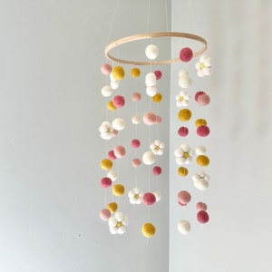 Customizable Daisy Flower Ceiling Mobile - Pinks, Gold, White Floral Themed Nursery Room - Girls Baby Shower Pom Decor - Felted Ball Flowers