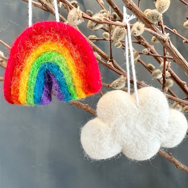 Felt Rainbow or Cloud Ornament - Wool Felted Sky Theme for Spring Summer Ornaments - Seasonal White Puffy Cloud or Bright Colorful Rainbow