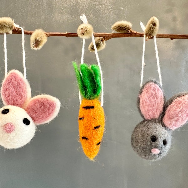 Felted Easter Ornament - Wool Felt Carrots or Bunnies for Seasonal Trees Tiered Tray - Spring and Summer Ornaments - Easter Bunny Decor Art