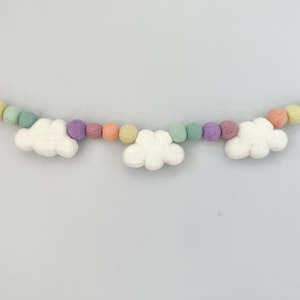 Customizable Pastel Rainbow Cloud Garland - Sky Felt Ball Mantel Banner - Spring / Summer Bunting Party Decor - Solid Wool Felted Pom Clouds