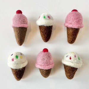 Ice Cream Cone Felt Treats - Bright Wool Felted Summer Desserts w/ Cherry on Top or Sprinkles - DIY Garland Craft - Loose Shape or Ornament