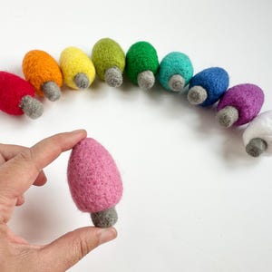 May include: A collection of colorful, felted mushroom ornaments in a rainbow arc. The mushrooms are red, orange, yellow, green, teal, blue, purple, and white. A pink mushroom is held in a hand, showcasing the product's texture and design.