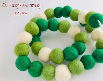 Customizable Christmas Felt Ball Garland - St Patricks Day Spring Decor - white, emerald green, lime green - Bright Holiday Pom Bunting