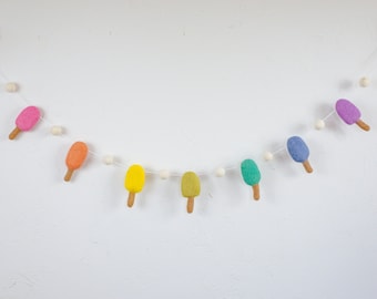 Customizable 7 Rainbow Popsicles Garland - Bright Pastel Summer Treat Felt Ball Bunting - Seasonal Dessert Banner - Felted Wool Wall Decor