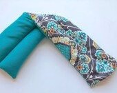 Teal Boho Organic Long Neck Wrap Lower Back Pad - Rice Hot Cold Pack - Large Flax Heat Pad - Corn Pad for Shoulders - Unscented Spa Wrap